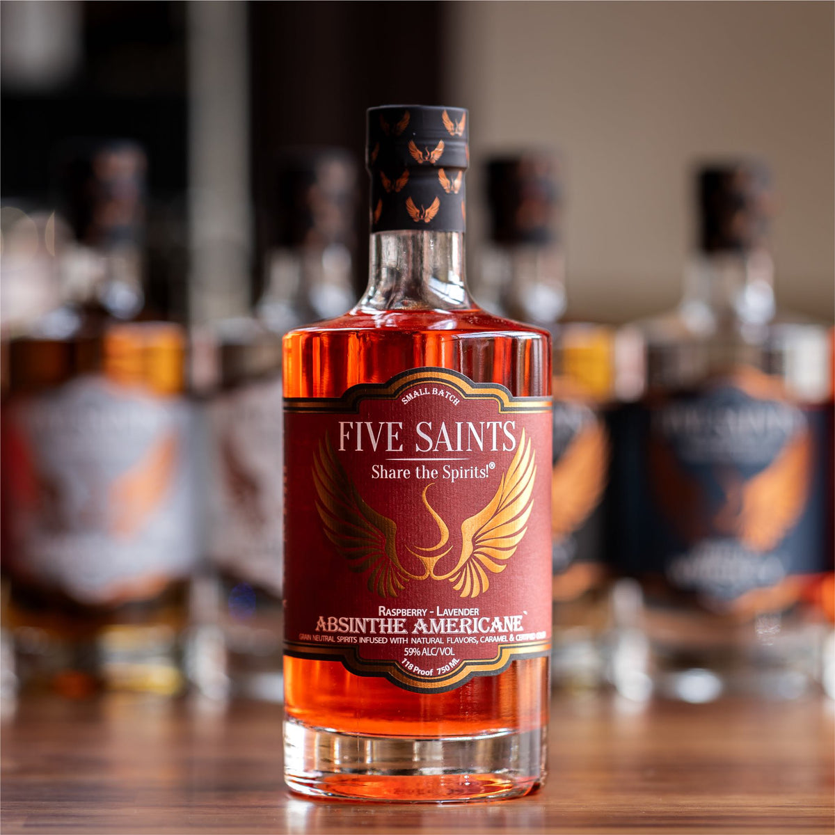 Five Saints Distilling Absinthe Americane' bottle, small batch Raspberry Lavender Absinthe infused with natural flavors, 59% ABV 750ml Pennsylvania craft spirit