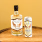 A bottle of Five Saints Vodka and a can of Five Saints Rooftop Lemonade displayed side by side on a wooden barrel top against a solid yellow background.