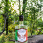 A bottle of Five Saints Gin with a clear glass body and a colorful label, set on a mossy stone with a blurred forest background.